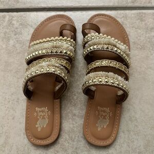Tan and Gold Bohemian Sandals with Intricate Straps
